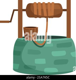 Vecchio sistema di estrazione dell'acqua con secchio in legno appeso su un pozzo di pietra. Sistema di estrazione dell'acqua con secchio in legno Illustrazione Vettoriale