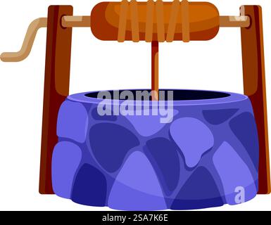 Pozzo d'acqua in pietra con secchio di legno appeso alla fune per ottenere acqua dal pozzo Illustrazione Vettoriale