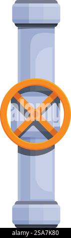 Tubo metallico in stile cartoni animati con una grande valvola arancione sta regolando il flusso di gas. Valvola di tubazione che controlla il flusso di gas attraverso il tubo industriale Illustrazione Vettoriale