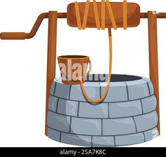 Pozzo tradizionale in pietra con un telaio in legno e un secchio appeso su una corda. Pozzo d'acqua in pietra vecchia con secchio appeso su un foro rotondo scuro Illustrazione Vettoriale