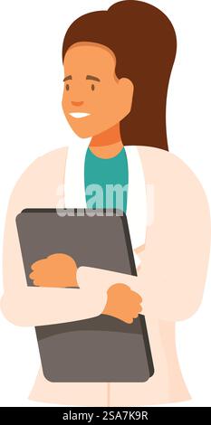 Una giovane dottoressa tiene in mano un tablet mentre sorride e guarda lontano. Giovane medico donna che tiene la compressa sorridente e che guarda lontano Illustrazione Vettoriale