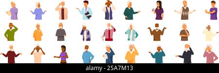 Set icone uomo demenza. Gruppo eterogeneo di anziani e assistenti che esprimono emozioni diverse, come confusione, frustrazione e preoccupazione. Set icone uomo demenza. Gruppo eterogeneo di anziani e assistenti che esprimono emozioni diverse Illustrazione Vettoriale