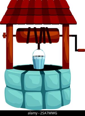 Antico pozzo d'acqua in pietra con tetto in legno e secchio appeso sull'acqua scura. Cartoon Well aspetta che qualcuno aspiri acqua fresca Illustrazione Vettoriale