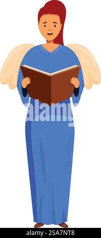 Angelo di Natale che canta tenendo un libro con un vestito blu. Angelo di Natale con ali che cantano un canto da un libro Illustrazione Vettoriale