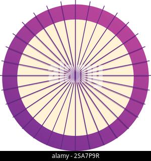 Vivace illustrazione di un tradizionale ombrellone giapponese, con un design circolare con bordo esterno viola e delicate razze che irradiano dal centro. Il tradizionale ombrellone giapponese diffonde le sue tettoie viola per proteggere il sole Illustrazione Vettoriale