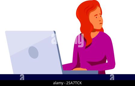 Una donna d'affari è molto attenta mentre lavora al suo notebook, mostrando le sfide e le esigenze del moderno ambiente di lavoro. Donna d'affari che lavora con un computer portatile alla scrivania Illustrazione Vettoriale