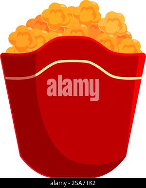 Scatola di carta rossa traboccante di pop corn deliziosi e croccanti, perfetta per uno spuntino serale al cinema. Scatola di carta rossa piena di deliziosi popcorn su sfondo bianco Illustrazione Vettoriale
