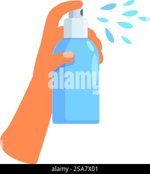 La mano regge e spruzza una bottiglia di deodorante blu. Tenere le mani e spruzzare il flacone deodorante blu Illustrazione Vettoriale