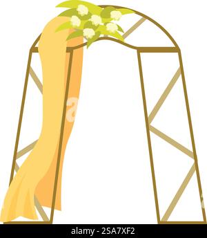 L'arco in metallo decorato con fiori e tendaggi che scorre crea un ambiente elegante per una cerimonia di nozze. Arco per matrimoni decorato con fiori e tendaggi per una splendida cerimonia Illustrazione Vettoriale