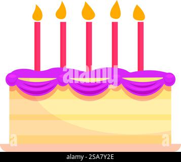 Una grande torta di compleanno con cinque candele accese e panna rosa ti aspetta sul tavolo. La deliziosa torta di compleanno con cinque candele accese è in attesa di essere mangiata Illustrazione Vettoriale