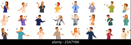 Set di icone di aracnofobia. Persone con aracnofobia, personaggi diversi che soffrono di paura dei ragni, gruppo di uomini e donne spaventati che vedono insetti terrificanti. Set di icone di aracnofobia. Persone con aspetto diverso che hanno aracnofobia, set di personaggi isolati dei cartoni animati Illustrazione Vettoriale