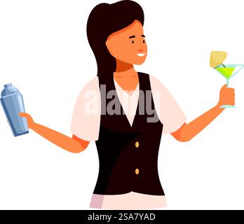 La barman sorridente tiene in mano uno shaker da cocktail e un bicchiere di martini. Barman con shaker per cocktail e bicchiere di martini Illustrazione Vettoriale