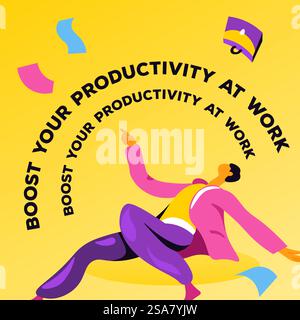 Aumento della produttività sul lavoro, dipendente con livelli di energia e motivazione elevati. Personaggio ispirato con documenti e documenti cartacei, personalità o capo, leader o direttore aziendale. Vettore in stile piatto. Migliorate la vostra produttività sul lavoro banner promozionali Illustrazione Vettoriale