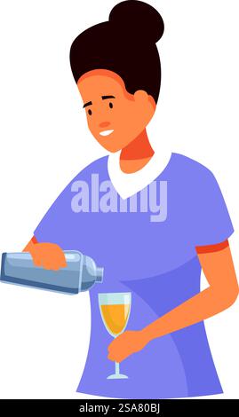 Barman sorridente che prepara bevande alcoliche, versando il cocktail dallo shaker al bicchiere. Barman che versa il cocktail nel bicchiere utilizzando lo shaker Illustrazione Vettoriale