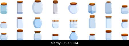 Set icone vaso in vetro tappo in legno. Raccolta di vari vasetti vuoti in vetro con coperchi in legno, ideali per inscatolare, conservare e conservare alimenti. Set icone vaso in vetro tappo in legno. Set di diversi vasetti vuoti in vetro con coperchi in legno per inscatolamento e conservazione Illustrazione Vettoriale