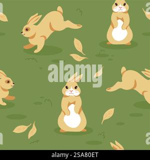 Animali boschivi che saltano e corrono. Personaggio dei cartoni animati con orecchie lunghe, coniglietti e conigli, lepri con divertenti bocconcini. Motivo, stampa di sfondo o sfondo senza cuciture. Vettore in stile piatto. Divertenti cartoni animati, coniglietti e conigli vettoriali Illustrazione Vettoriale