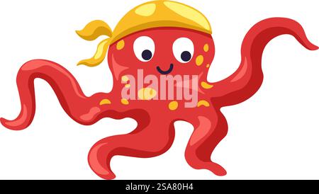 Polpo carino personaggio animale che indossa un cappello pirata. Personaggio dei cartoni animati per bambini o disegno con tentacoli. Creature marine e marine. Ritratto di un abitante del mare o dell'oceano. Immagine vettoriale in stile piatto. Personaggio marino che indossa il cappello dei pirati e il polpo Illustrazione Vettoriale