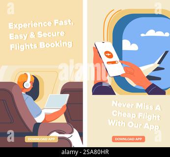 Prenotazione rapida, semplice e sicura dei voli. Non perdere mai un'offerta economica con la nostra applicazione. Trova le destinazioni di viaggio e le migliori proposte delle compagnie aeree. Scarica l'app sul telefono. Vettore in stile piatto. Prenota voli in modo rapido, semplice e sicuro Illustrazione Vettoriale