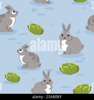 Coniglietti sul campo con cavolo, lepri con orecchie lunghe e divertenti espressioni museruola. Conigli con coda corta in giardino con verdure. Motivo, stampa di sfondo o sfondo senza cuciture. Vettore in stile piatto. Simpatici personaggi dei cartoni animati, coniglietti sul vettore di campo Illustrazione Vettoriale