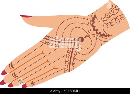 Ornamento all'henné, mano isolata di donna con disegno o pittura. Linee e punti, vortici ed elementi naturali decorano. Cultura e tradizione in Oriente. Immagine vettoriale in stile piatto. Mano di personaggio femminile, ornamento all'henné Illustrazione Vettoriale