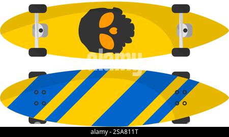 Attività sportive per adolescenti e tempo libero, skateboard isolato con ruote e stampa del cranio. Hobby di skateboard, tavola lunga per guidare su strade e strade cittadine. Immagine vettoriale in stile piatto. Skateboard con teschio, sport e hobby Illustrazione Vettoriale