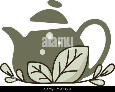 Teiera in ceramica con foglie di menta, liquido saporito isolato con erbe aromatiche. Bevanda a base di erbe preparata in bollitore con coperchio e manico. Colazione o pranzo, ristorante o caffetteria. Vettore in stile piatto. Gustoso tè biologico, teiera con foglie di menta vettoriali Illustrazione Vettoriale