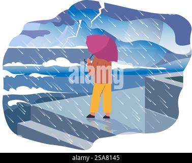 Maltempo e condizioni meteorologiche avverse, pioggia e pioggia. Fulmini e cielo grigio con tuoni, tempesta al mare. Persona con ombrello che guarda le onde nel mare. Vettore in stile piatto. Condizioni meteorologiche e meteorologiche, vettore Illustrazione Vettoriale