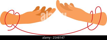 Due mani si stanno avvicinando l'una all'altra, legate insieme dalla stringa rossa del destino, simboleggiando una connessione destinata. Due mani che si avvicinano l'una all'altra collegate da una stringa rossa del destino Illustrazione Vettoriale