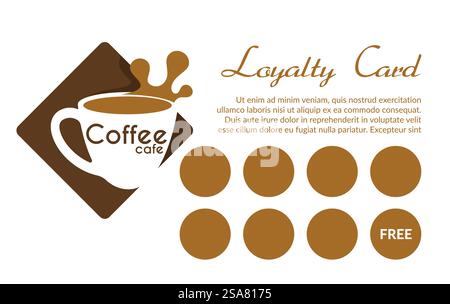 Prendi una tazza di caffè gratuita al bar o al ristorante, al negozio o al negozio con bevande aromatiche. Regalo o offerta speciale per clienti, sconti e offerte. Banner promozionale, vettore pubblicitario in stile piatto. Carta fedeltà, caffè e portapacchi gratuiti Illustrazione Vettoriale