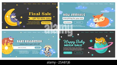 Set di design banner Web per l'offerta di negozi per bambini. Il simpatico personaggio degli animali dorme nella pubblicità di mega-vendita, illustrazione vettoriale. Collezione di landing page con promozione sconto per i negozi per bambini. Set di design banner Web per l'offerta di negozi per bambini Illustrazione Vettoriale
