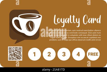Caffetteria o caffetteria, carta fedeltà del ristorante per clienti e clienti che bevono bevande e bevande aromatiche. Tazza gratuita, codice qr per ulteriori informazioni. Banner promozionale, vettore pubblicitario in stile piatto. Carta fedeltà, omaggio gratuito presso il bar o la caffetteria Illustrazione Vettoriale