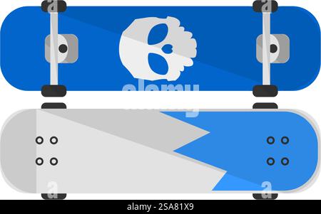 Attività sportive e hobby, skateboard isolato con ruote e stampa del cranio. Passatempo per skateboarder e per il tempo libero, praticando trucchi e movimenti. Tabellone sportivo urbano e di strada. Vettore in stile piatto. Skateboard con teschio, hobby o attività sportive Illustrazione Vettoriale