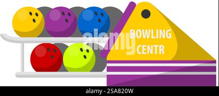 Attività ricreative e tempo libero, supporto isolato per il bowling con supporti per palle e fori per le dita. Sport o attivita', ricreazione e intrattenimento, pratica sportiva. Vettore in stile piatto. Bowling, palline con fori per le dita Illustrazione Vettoriale