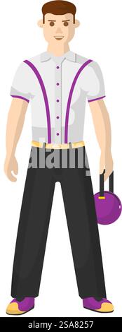 Attività di bowling e sport, carattere maschile isolato che indossa abiti tradizionali classici o uniformi e scarpe. Uomo che conduce uno stile di vita attivo e il tempo libero nei fine settimana. Vettore in stile piatto. Personaggio maschile alla moda, vettore sportivo da bowling Illustrazione Vettoriale