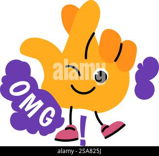 Personaggio della mano con l'espressione del viso e fetta sul viso. Braccio isolato con reazione OMG, social media o mascotte di applicazioni. Emoji o emoticon, adesivo o personage. Vettore in stile piatto. Simpatico personaggio a mano con reazione OMG, vettore Illustrazione Vettoriale