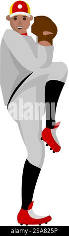 Giocatore di baseball di carattere maschile che indossa uniforme e guanto per catturare e lanciare la palla giocando. Sportivo professionista isolato in abiti e berretto, specializzato in vettoriale da campo in stile piatto. Giocatore di baseball durante la partita, uomo che gioca sul campo Illustrazione Vettoriale