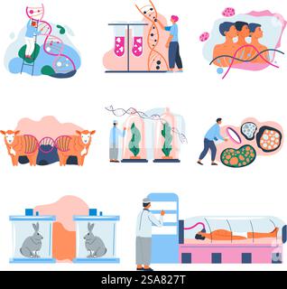 Biotecnologie ed esperimenti sul genoma e il DNA delle persone, sequenziamento e ricerche. Clonazione isolata e scoperte su sostanze. Coniglietti e pecore. Immagine vettoriale in stile piatto. Tecnologie di clonazione e esperimenti sulle persone Illustrazione Vettoriale