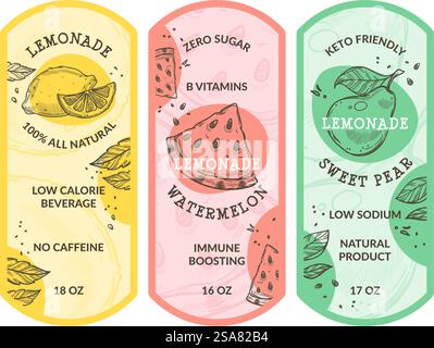 Bevande naturali e bevande a zero zuccheri, limonata a basso contenuto calorico senza caffeina. Sapore di pera dolce e anguria, erbe aromatiche e ingredienti biologici. Etichette per imballaggio adesivi. Vettore in stile piatto. Adesivo per bevande a basso contenuto calorico, confezione con zucchero zero Illustrazione Vettoriale