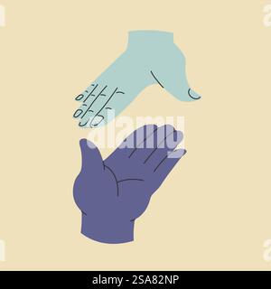 Le persone si avvicinano a vicenda, mani isolate di personaggi che danno o prendono gesti. Personaggi di saluto o di interazione, palmo di un uomo o di una donna. Apertura e comunicazione. Vettore in stile piatto. Mani che tengono, danno o prendono il vettore del gesto Illustrazione Vettoriale
