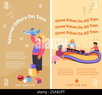 Prezzi eccezionali su tutti i giocattoli, offerte speciali sul gioco per bambini. Le opportunità rendono il tempo di gioco straordinario senza costi aggiuntivi. Banner promozionale o poster pubblicitario. Vettore in stile piatto. Offerte speciali sul gioco, prezzi eccezionali per i giocattoli Illustrazione Vettoriale