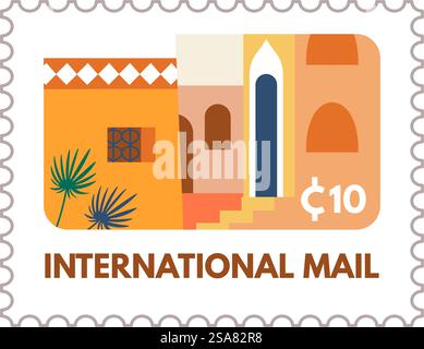 Cartolina o cartolina con edifici cittadini e architettura antica. Carta isolata per consegne internazionali espresso. Servizio postale e corriere espresso, timbro postale. Vettore in stile piatto. Posta internazionale, lettera o busta postale Illustrazione Vettoriale