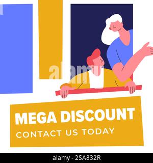 Saldi e mega sconti nei negozi e nei negozi per le vacanze. Contattateci oggi stesso per conoscere il prezzo dei prodotti. Shopping e acquisti nei mercati, sdoganamento. Banner promozionale, vettore pubblicitario in stile piatto. Mega sconto contattateci oggi stesso, vendita nei negozi Illustrazione Vettoriale