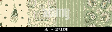 Collezione Paisley con motivo senza cuciture di sfondo floreale Damasco, rami di fiori isolati. Boho verde flora orientale e botanica. Foglie naturali e fogliame. Illustrazione vettoriale. Set di fantasie Paisley Illustrazione Vettoriale