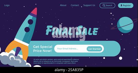 Ottieni subito un prezzo speciale, vendita finale. Promozione e offerta, sconti e promozioni. Razzo e pianeta nello spazio, cosmo e universo. Modello di landing page del sito Web, vettore del sito online in stili piatti. Vendita finale, prezzo speciale ora pagina del sito Web Illustrazione Vettoriale
