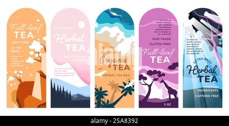 Design dell'etichetta per il set di design della confezione di tè alle erbe. Collezione di adesivi per bevande biologiche con cartello di qualità degli ingredienti, illustrazione vettoriale. Tag colorato con decorazioni paesaggistiche naturali. Design dell'etichetta per il set di design della confezione di tè alle erbe Illustrazione Vettoriale