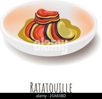 Stufato denso e abbondante, ratatouille. Piatto di verdure stufate originario della Francia. Piatto isolato con zucca estiva tagliata, melanzane e zucchine, pomodori ed erbe fresche. Vettore in stile piatto. Ratatouille, stufato di verdure denso con spezie Illustrazione Vettoriale