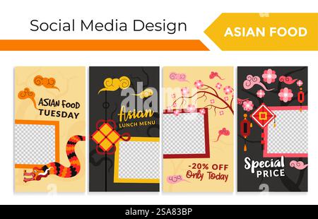 La storia dei social media è ambientata per le offerte alimentari asiatiche. Prezzo speciale della cucina cinese e menu per il pranzo nella raccolta di pagine web, illustrazione vettoriale. Spazio vuoto e elementi della cultura asiatica al banner. La storia dei social media è ambientata per le offerte alimentari asiatiche Illustrazione Vettoriale