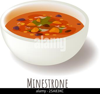 Abbondante zuppa italiana con verdure di stagione, fagioli, pasta o riso, condita con erbe e spezie. Ciotola isolata con minestrone con carote e sedano, cipolle e pomodori. Vettore in stile piatto. Minestrone, zuppa italiana con verdure di stagione Illustrazione Vettoriale