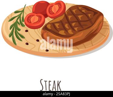 Carne da bistecca, pezzo di manzo o maiale alla griglia isolato con pomodori e rametto di rosmarino. Fetta spessa di prodotto ricca di proteine e grassi. Piatto servito in un ristorante. Vettore in stile piatto. Bistecca, manzo o maiale alla griglia con pomodori Illustrazione Vettoriale