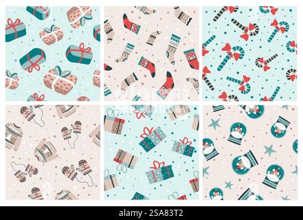 Set decorativo con elementi per le vacanze invernali. Scatole regalo piatte, calze, abiti caldi e decorazioni natalizie su banner senza cuciture, illustrazione vettoriale. Sfondo colorato con fiocchi di neve. Set decorativo con elementi per le vacanze invernali Illustrazione Vettoriale